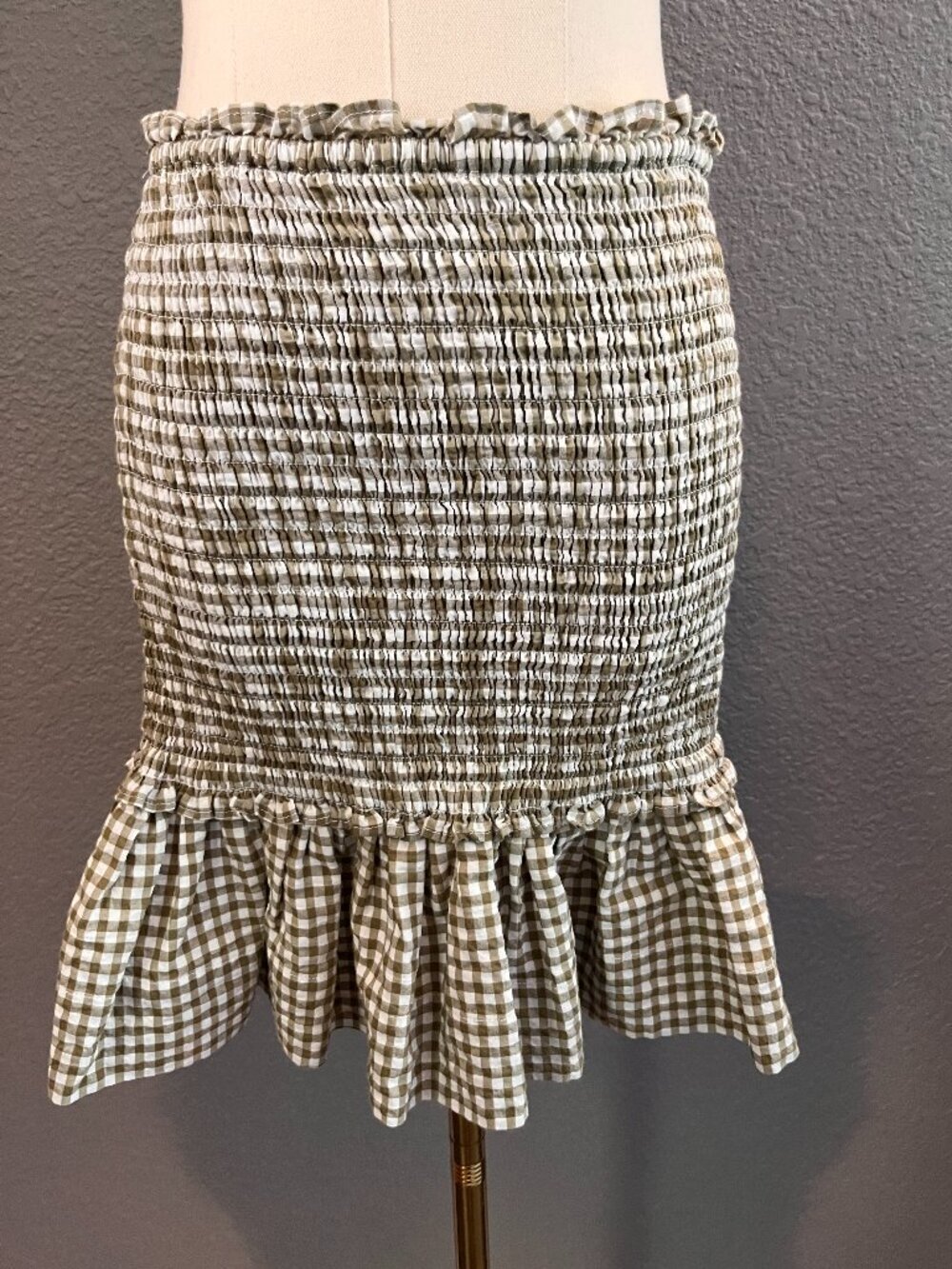 Veronica Beard Jeans Aloya Smocked Mini Olive Green & White Gingham Check NWOT M